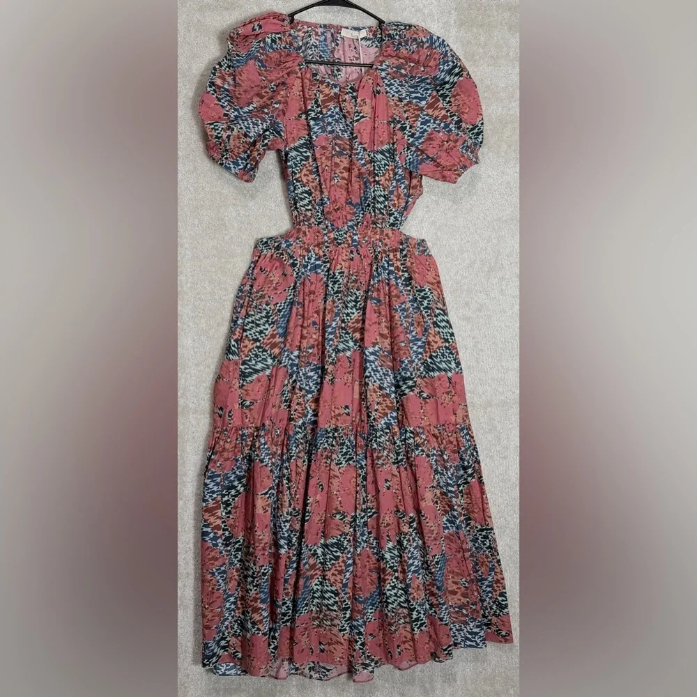 Ulla Johnson Coral and Blue Asymmetrical Floral Midi Dress - Picture 6 of 16